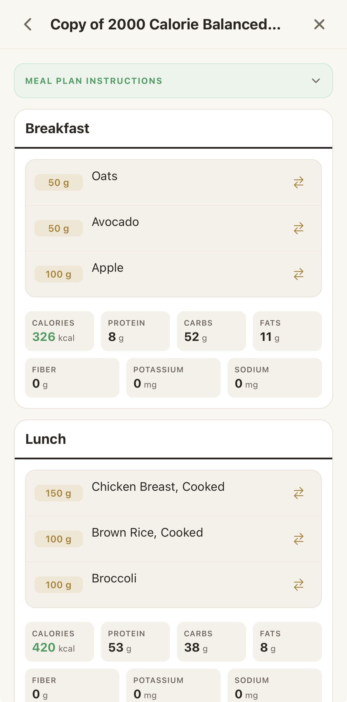 A client meal plan opened on mobile, broken into Breakfast and Lunch with each food's portion and per-meal calories, protein, carbs, and fat