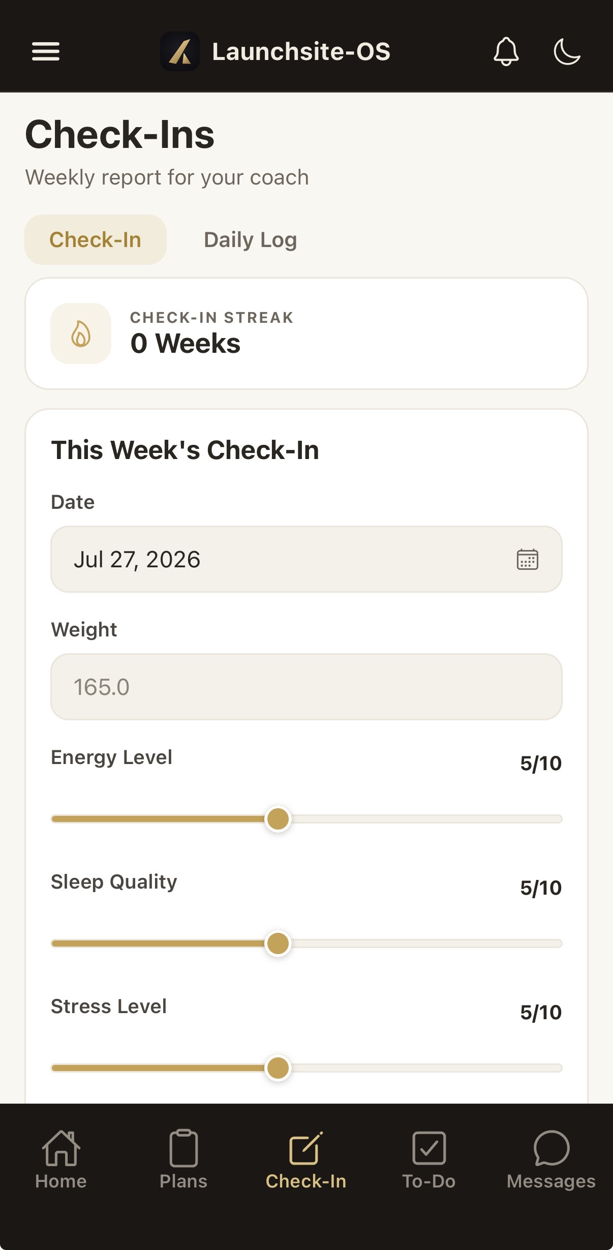 Client check-in on mobile with weight, energy, sleep, and stress inputs
