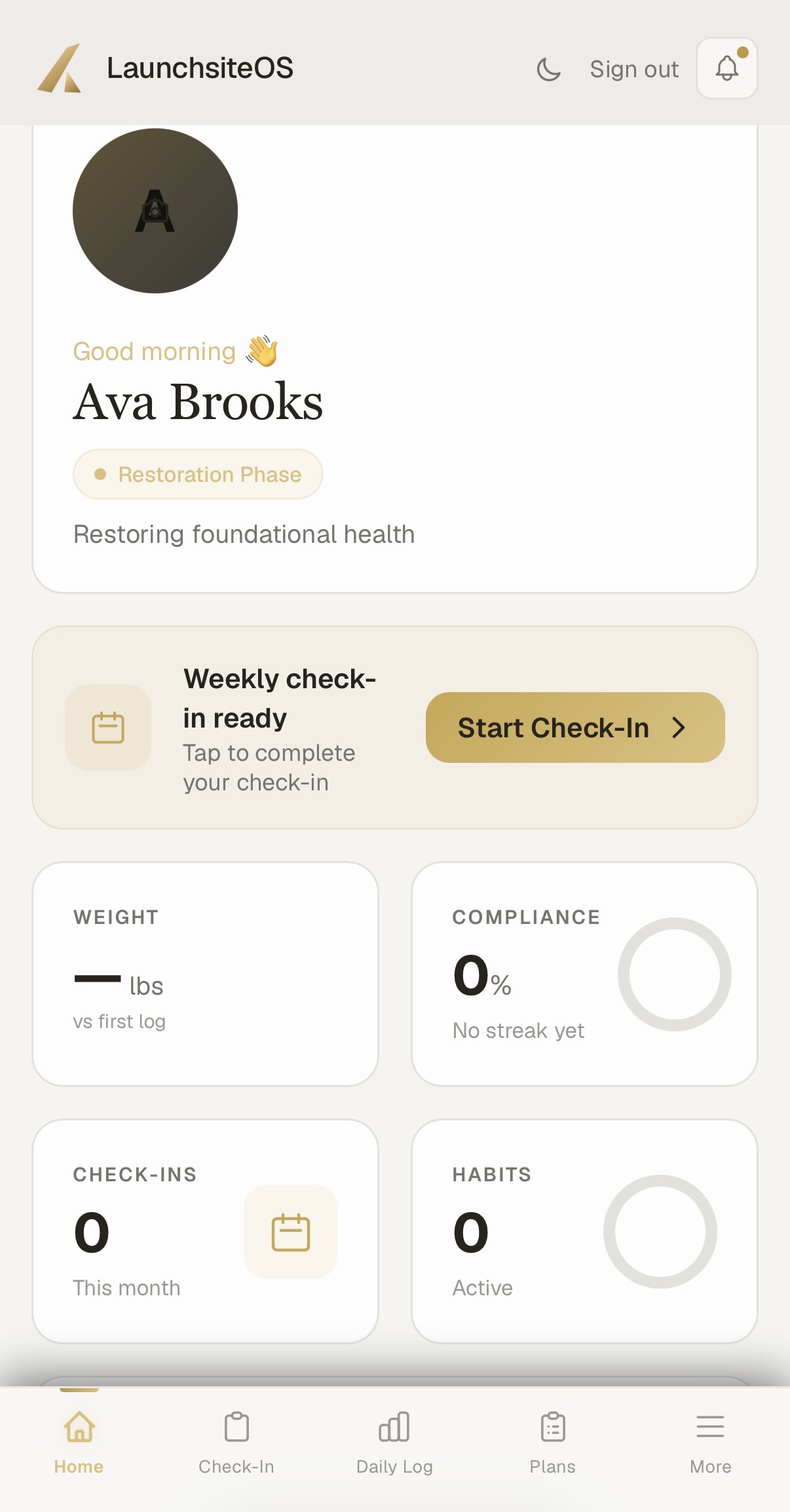 Client home on mobile with today's actions and progress metrics
