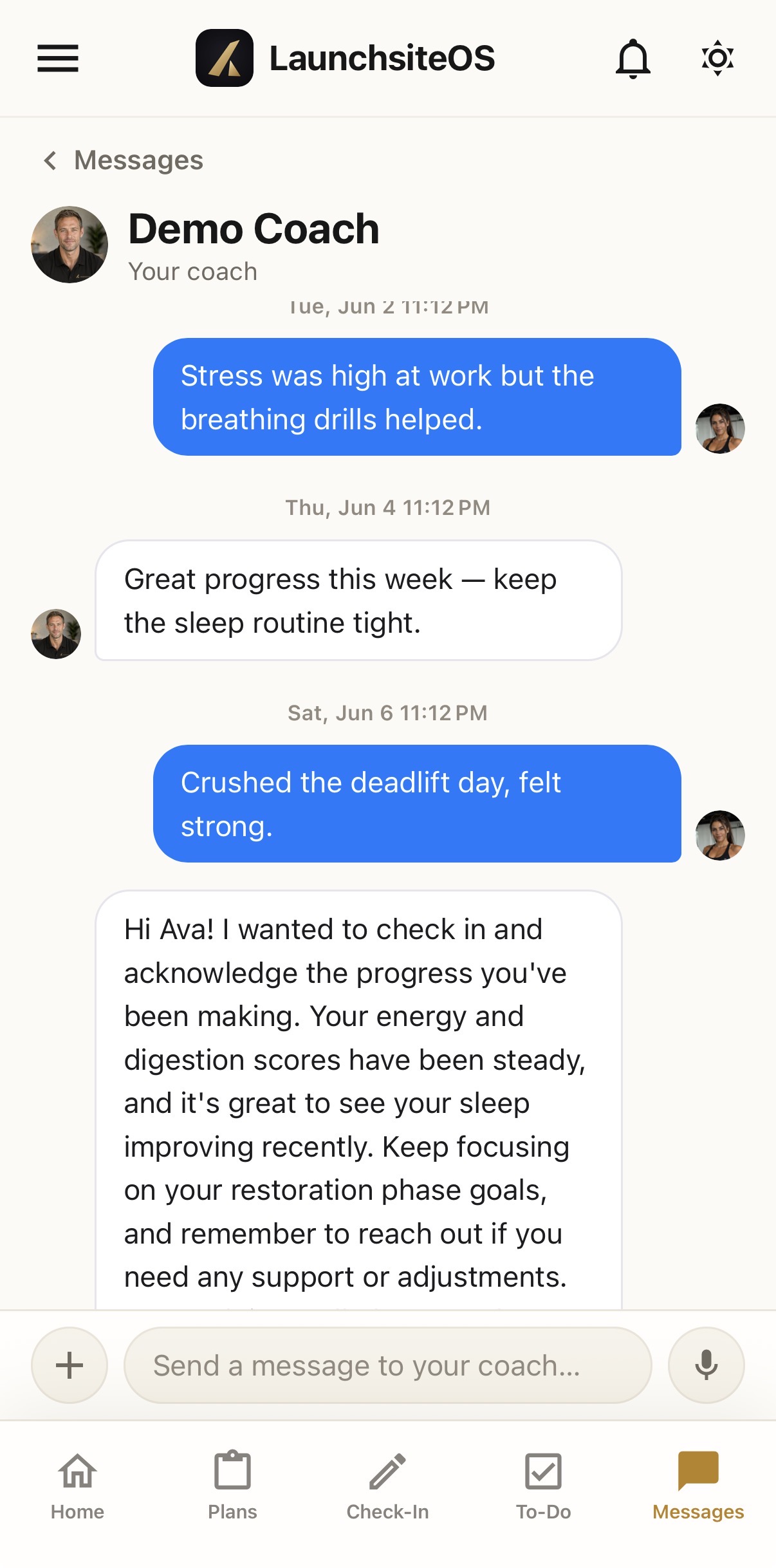 Client messaging thread with their coach on mobile, showing the client's own updates, the coach's replies, and a compose bar with attachment and voice-note buttons