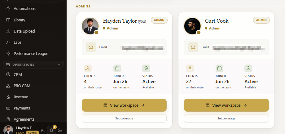 Team roster in LaunchSite OS showing two admins, each with their client count, join date, and availability