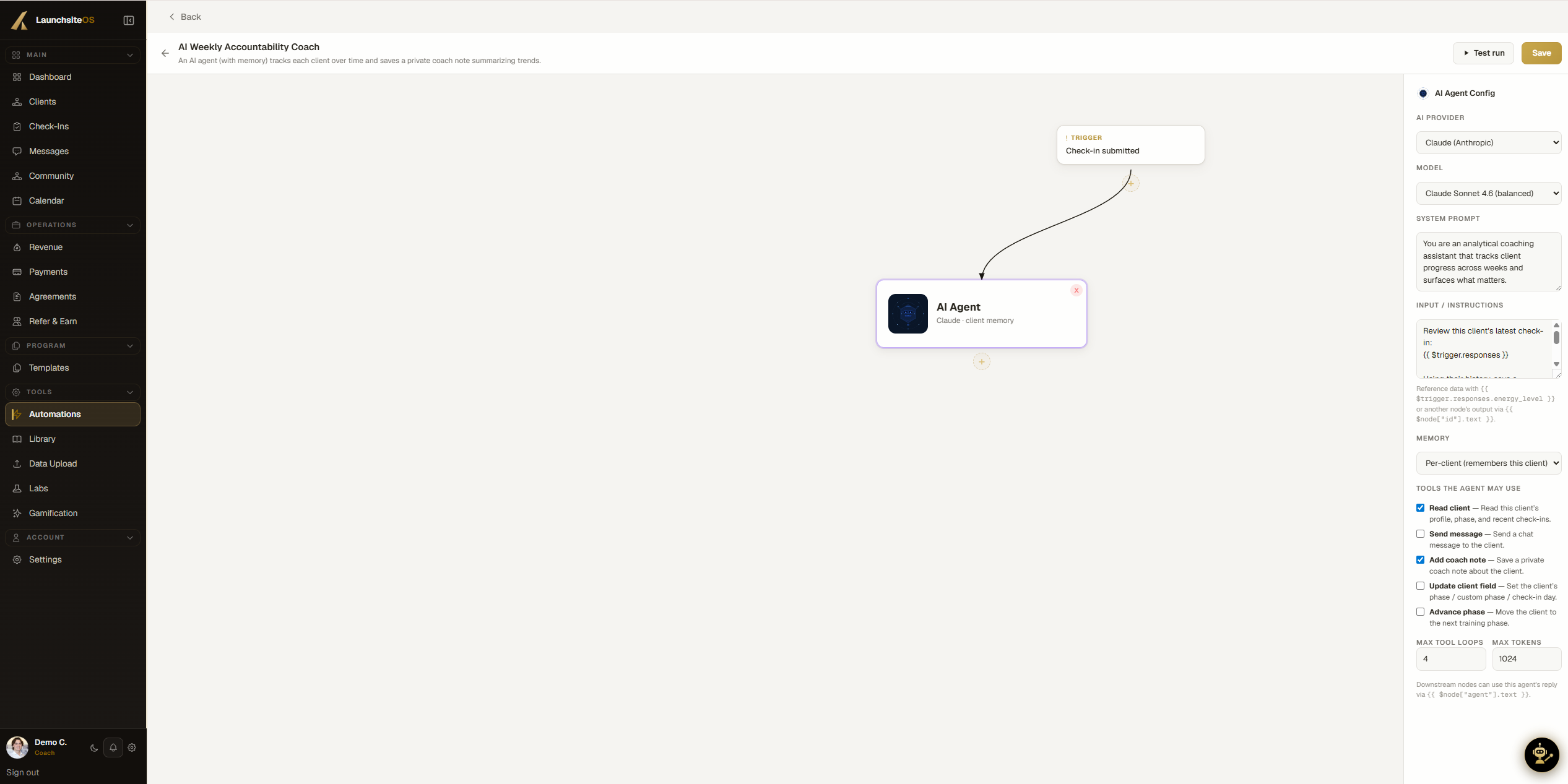 Automation list showing saved workflows with their triggers and current state