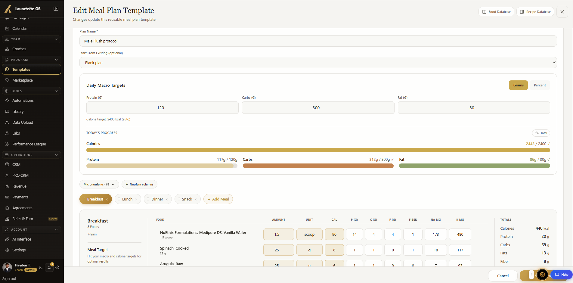 The meal plan template editor with editable daily protein, carb, and fat targets, an auto-calculated calorie goal, live progress bars for the day, and a meal broken into foods with per-food calories and macros.