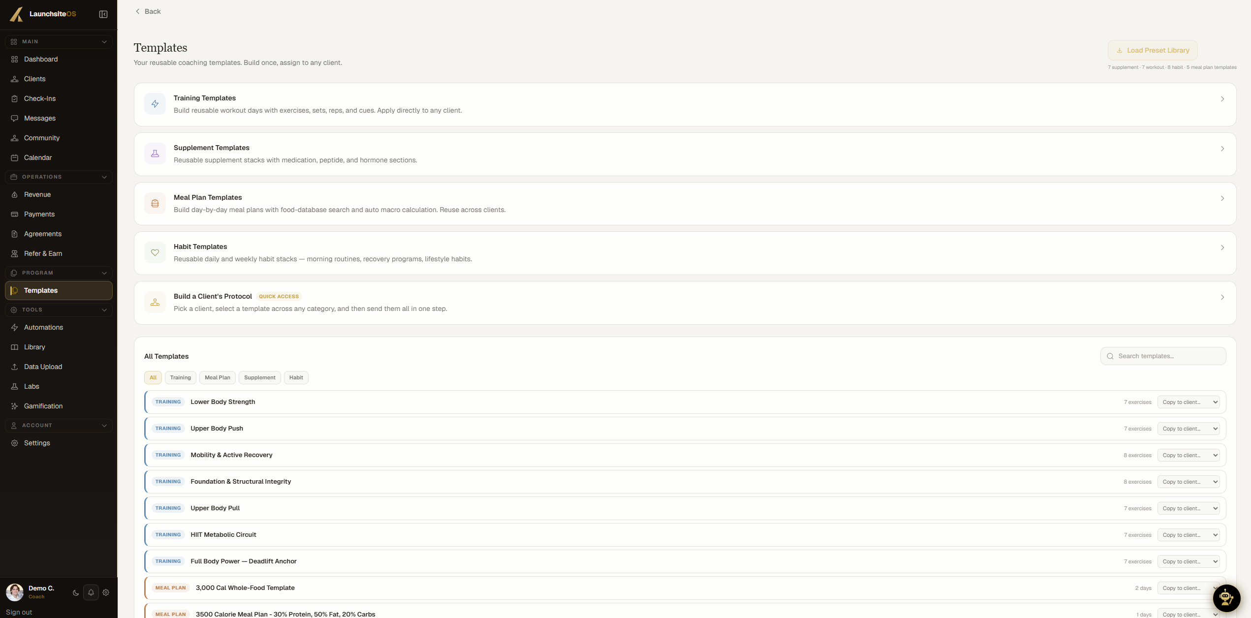 Template library of reusable training and nutrition programs